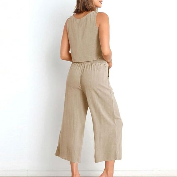 2 Piece Cotton Linen Sleeveless Crop Tank Wide Leg Pant Set Sz M - Picture 2 of 6